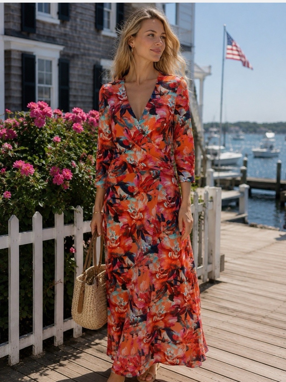Soft Surroundings Orange Pink Floral Faux Wrap Maxi Dress Long Sleeve 1X